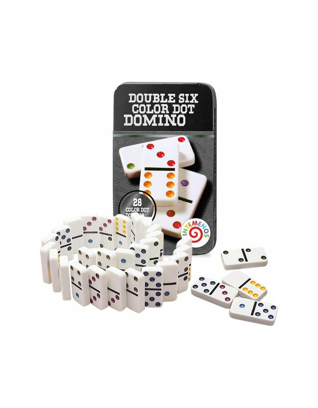 A creative product shot of the "Double Six Color Dot Dominoes" tin with the domino pieces arranged in a circular shape on a white background